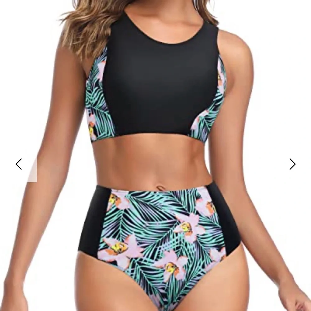 NWT Black & Tropical Floral High-Waist Bikini Set - Women Swim - Picture 2 of 5